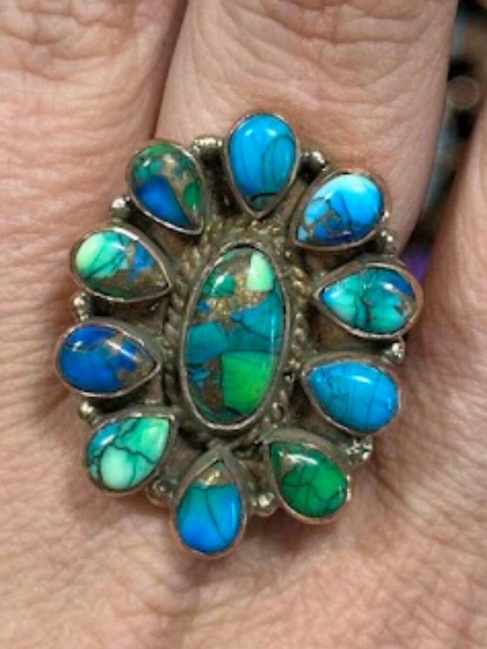 Peacock Dahlia Turquoise 11 Stone Cluster in Pure Copper Bypass Ring
